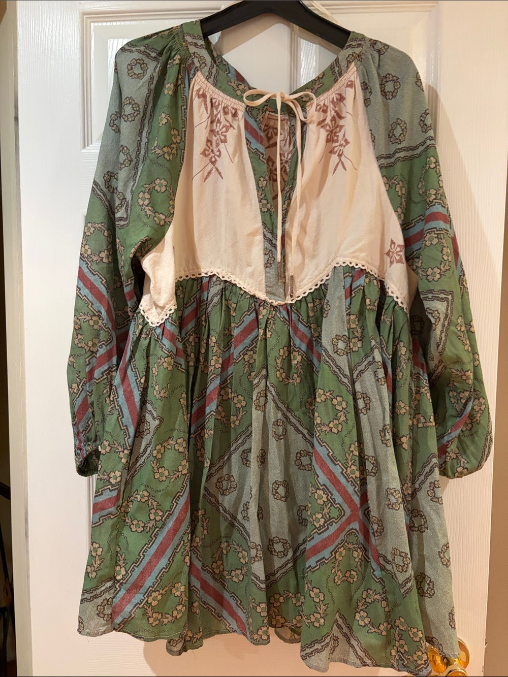 Free People Sage Green Floral Peasant Mini Dress with Cream Yoke